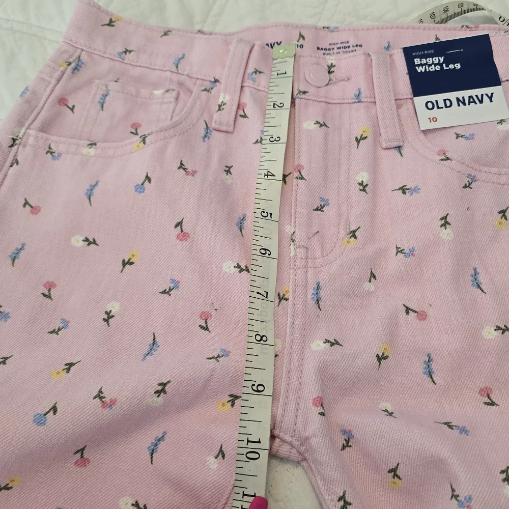 Old Navy‎ Pastel Pink Floral High-Waisted Baggy Wide-Leg Jeans Girls Size 10